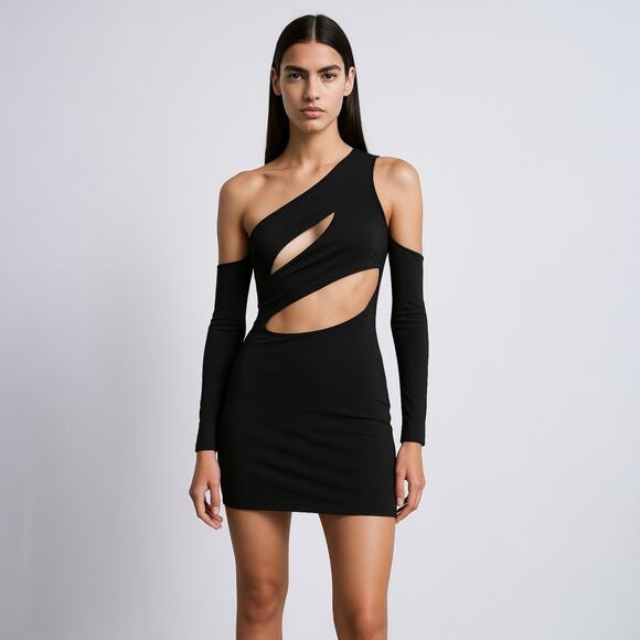 Solado Cut Out Black Cold-Shoulder Long Sleeve Mini Asymmetrical Sexy Dress Sz M - Picture 1 of 8